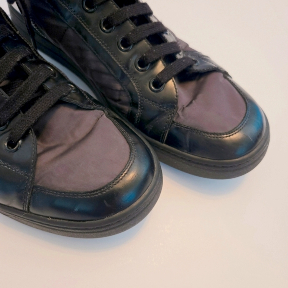 PRADA Mens High Top Nylon And Leather Red Stripe Luna Rosa Sport Style Sneaker - Picture 2 of 8